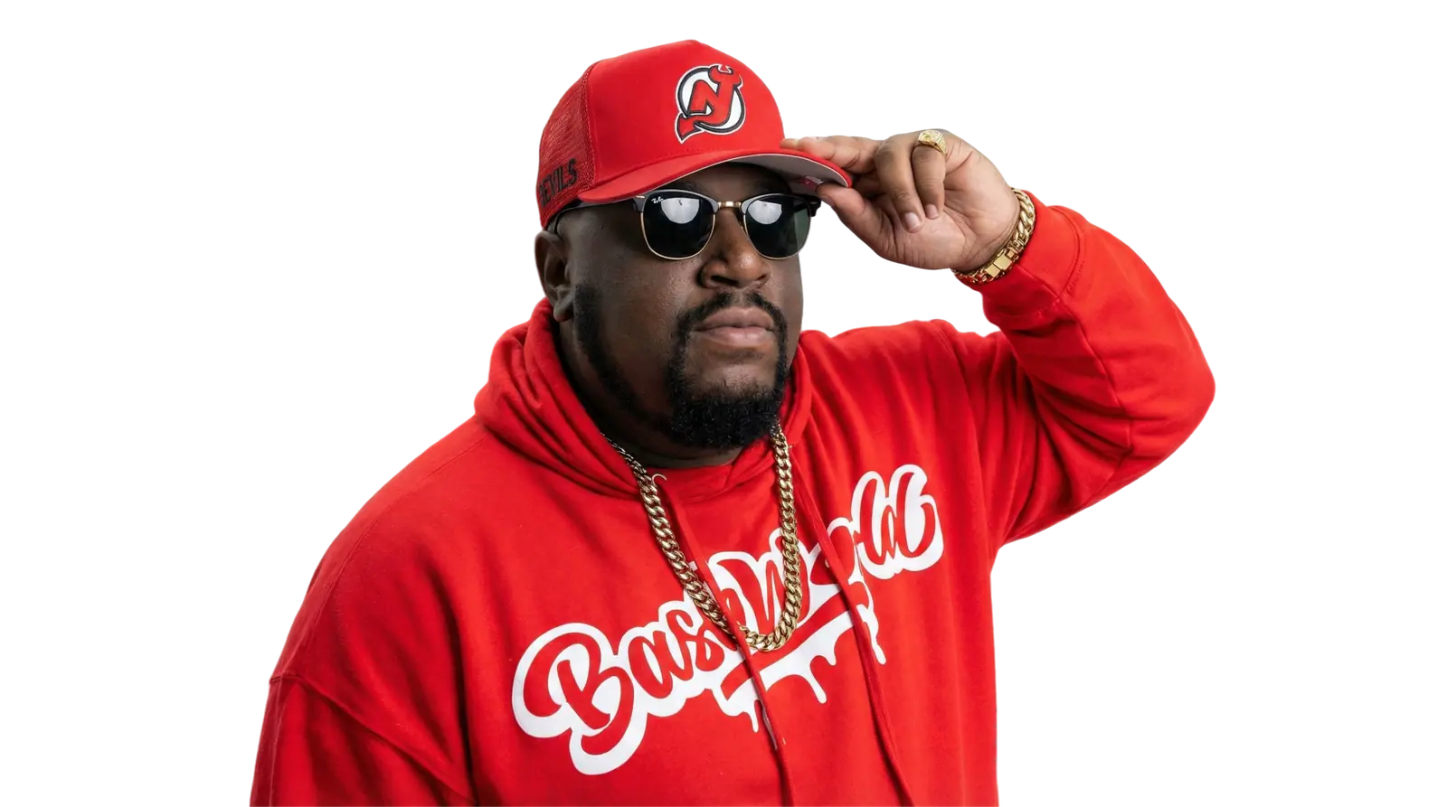 BashWorld in a red BashWorld hoodie and Devils cap